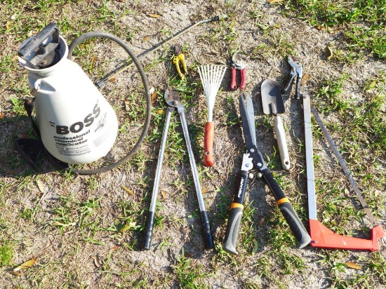 Assorted Trimmers, Pruners and Pump Sprayer
