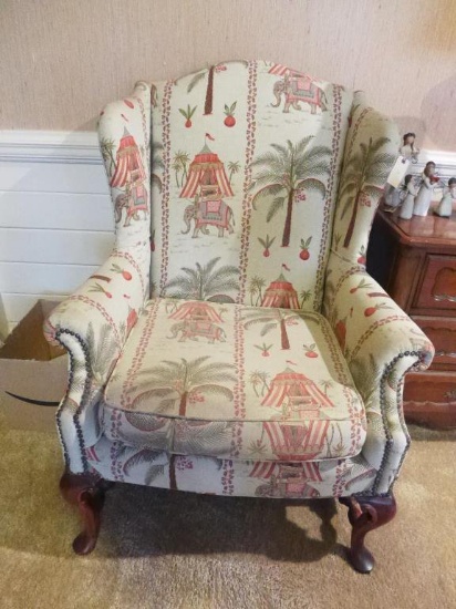 Upholstered Wing Chair with Brass Tacks
