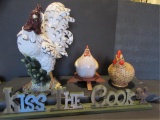 Assorted Ceramic Chickens & Wooden Kiss the Cook