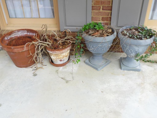 (4) Large Planters, Some Plants