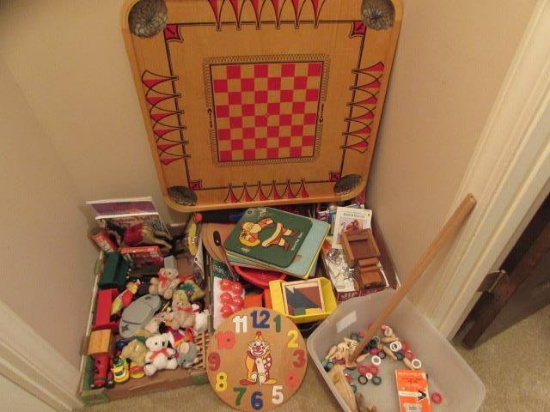 Game Table & (4) Boxes of Vintage Toys