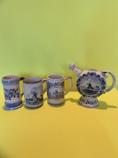 (3) Delft Beer Mugs & 1 Musical Wine Decanter: