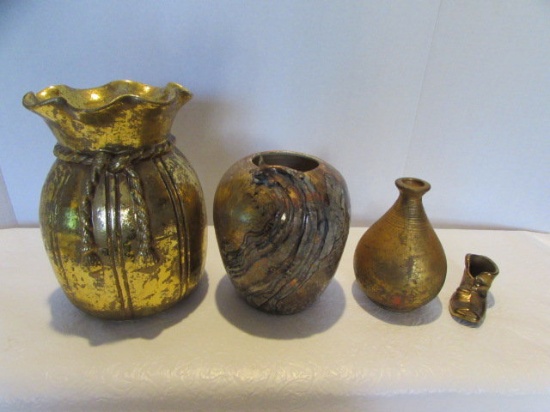 Gold Metal Vase, Pottery Vase, Vase and Metal