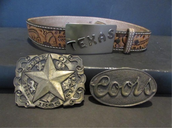 Tooled Leather and (2) Texas Belt Buckles, (1)