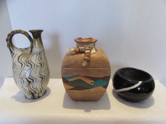 (3) Pottery Items: (2) Pottery Vases, (1) Marked