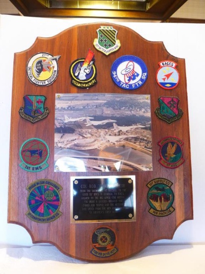 Wood USAF Award Plaque with (12) Patches--19" x