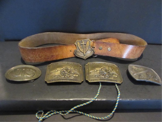 (5) Military Themed Belt Buckles & (1) Leather Coo