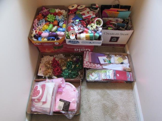 (6) Boxes of Ribbon, Gift Bags, Party Plates,