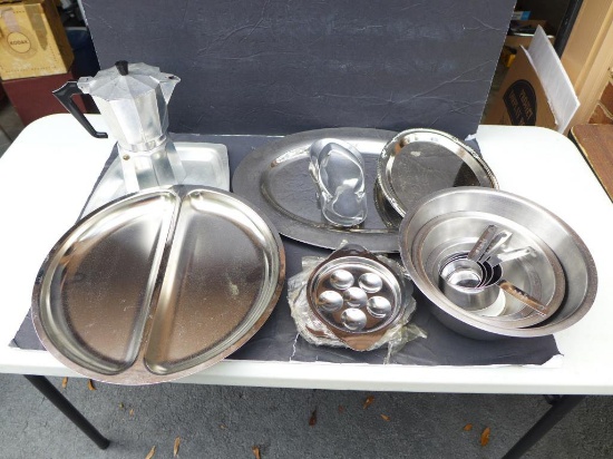 Assorted Chrome Serving Pieces, Coffee Pot, etc.