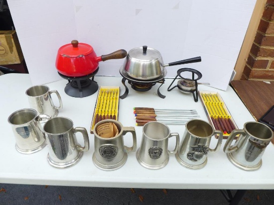 (7) Pewter Engraved Mugs, (2) Fondue Pots & (3)