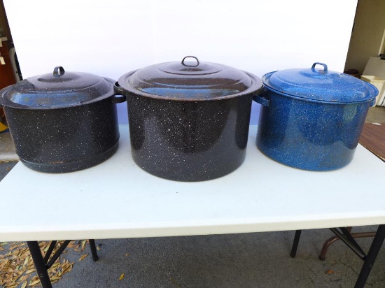 (3) Large Enamel Ware Pots with Lids