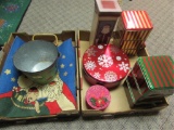 (2) Boxes of Christmas Tins, Boxes, Tote Bag,