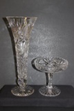 Cut Glass Footed Vase & Cut Glass Footed Compote