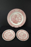 (3) Red Dishes; Dinner Plate-Currier & Ives by
