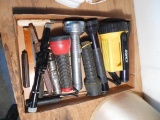 Box of Assorted Flashlights, Knives, Rifle Scope
