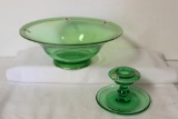 Vintage Green Glass Hand-Painted Footed Bowl &