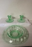 Vintage Green Cut Glass Bowl & (2) Matching