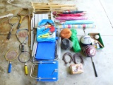 Assorted Outdoor Gear Including: Game Balls, Game Rackets, Horseshoes, Beach Chairs