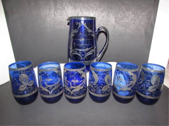 Antique Cobalt Blue Hand-Blown Pitcher & (6)