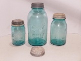 (3) Blue Glass Ball Perfect Mason Jars w/