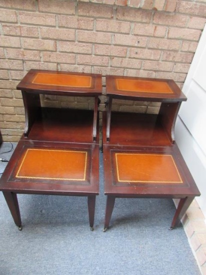 (2) Vintage Mahogany Step End Tables with Leather