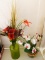 Green Glass Vase with Artificial Flowers &