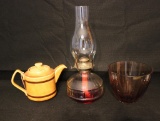 Oil Hurricane Lamp, Amber Glass Dish, English