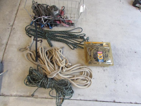 Basket of Miscellaneous Rope, Tie Downs, Belt