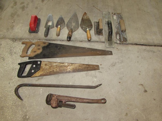 Assorted Masonry Tools, Hand Saws, Pry Bar, etc.