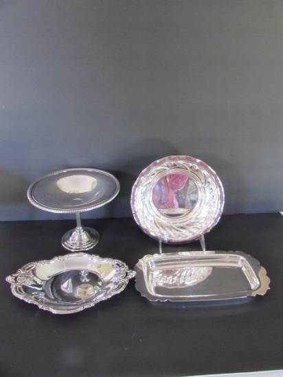 (4) Silver Plate Items:  Round 7 3/4" Bowl, Oval