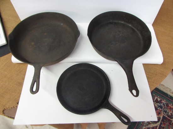 (3) Antique Cast Iron Items:  12 7/16" Skillet,