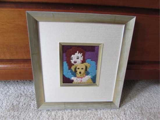 Framed & Matted Needlepoint "Puppy Love"--Carla