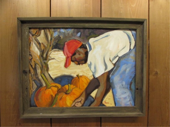 Framed Oil Painting "Pumpkin Time" signed "Pam