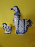 (2) Blue & White Russian Items:  Figural Horse