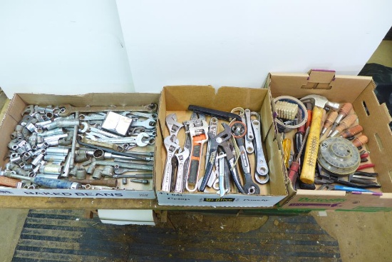 (3) Box of Assorted Wrenches, Sockets, Screw