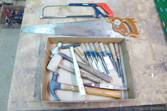 Assorted Hammers, Wood Chisels, Hand Saw, Hack