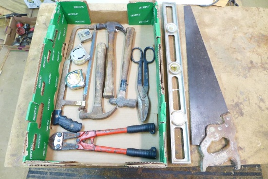Assorted Hammers, Tape Measures, Bolt Cutter, Tin