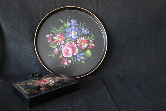 (2) Handpainted Tolle Items: 12" Tray, Silent