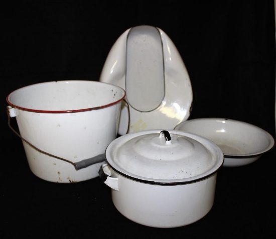(4) Pieces of Enamelware: 7 1/2" Tall Bucket