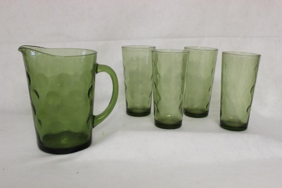 8" Green Glass Pitcher & (4) 6 1/4" Tumblers