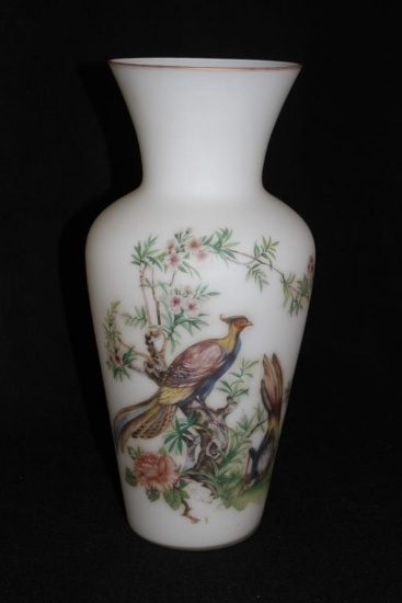 Handpainted Satin Glass Vase w/Gold Trim 14 1/2"