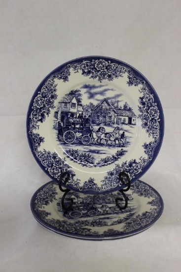 (3) Dinner Plates-"Coaching Scene Blue" by Royal