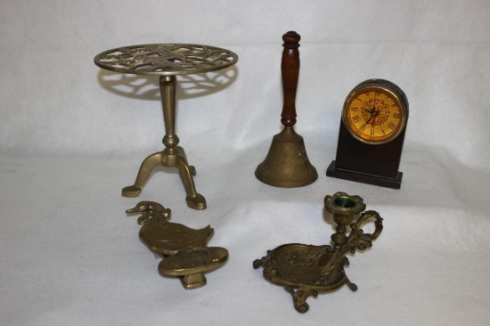 (5) Brass Items: 8 1/4" Tall Plant Stand, Bell