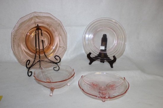 (4) Pink Depression Glass Items: 10", 8 1/4"