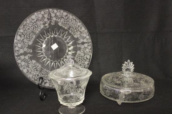 (3) Glass Items: 7" Footed Covered Candy Dish "Heather"