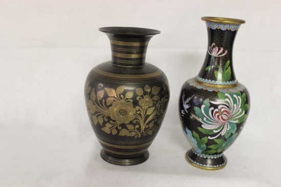 (2) Brass Vases: Enameled Brass 10 1/4" Tall, 7