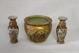 Satsuma Handpainted Planter & 2 Handpainted Vases