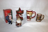 Assorted Christmas Items: Santa Ornament, Bell,
