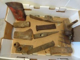 Box of Assorted Axes, Sledge Hammer, Pick, Wood