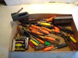 Box of Assorted Tools: Screw Drivers, Staple Gun,